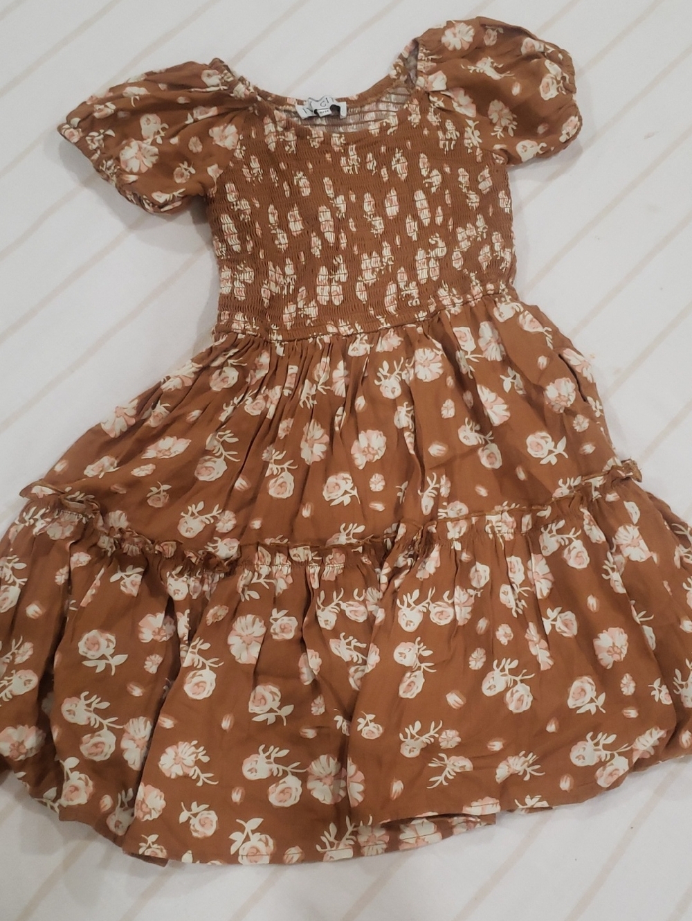 Girl's Ivy City Co Rust Brown Floral Smocked Puff-Sleeve Dress